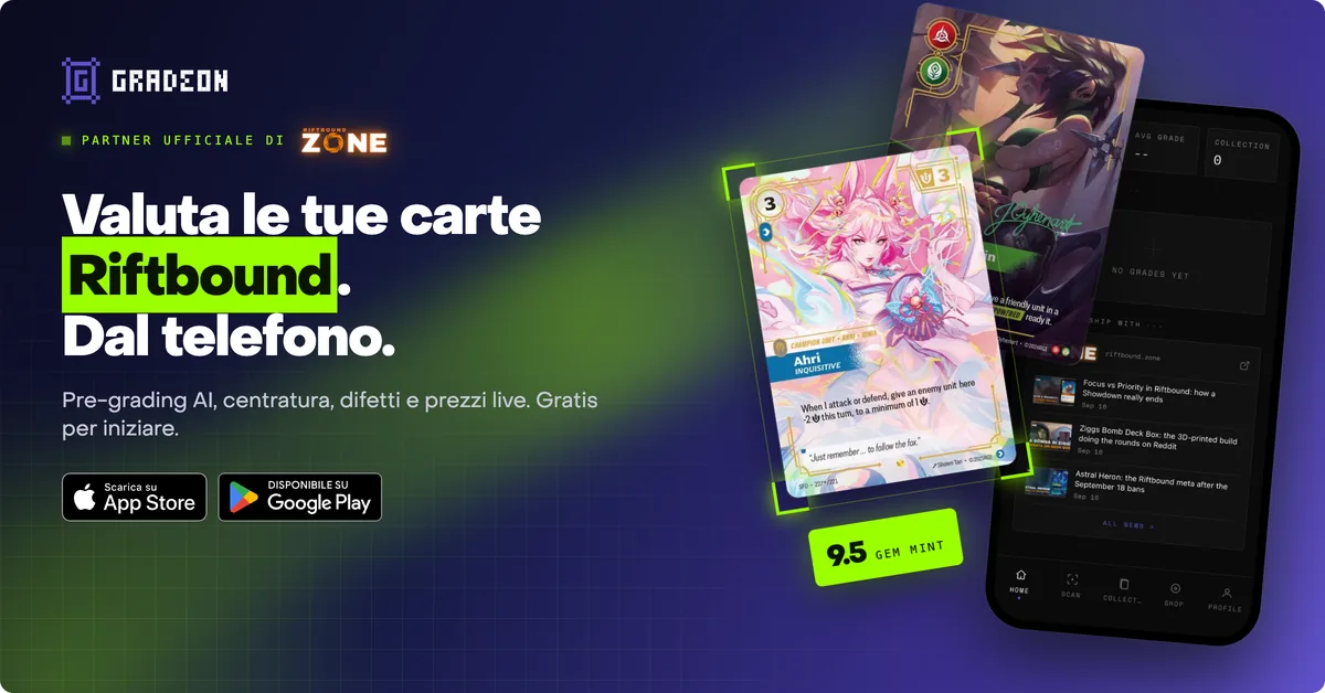 Gradeon, sponsor ufficiale di Riftbound Zone: valuta le tue carte Riftbound dal telefono