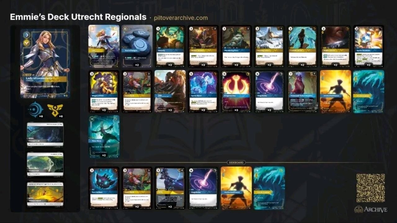 Full decklist of the blue Jhin Lux (Lady of Luminosity) played by Emmie at the Riftbound RQ Utrecht