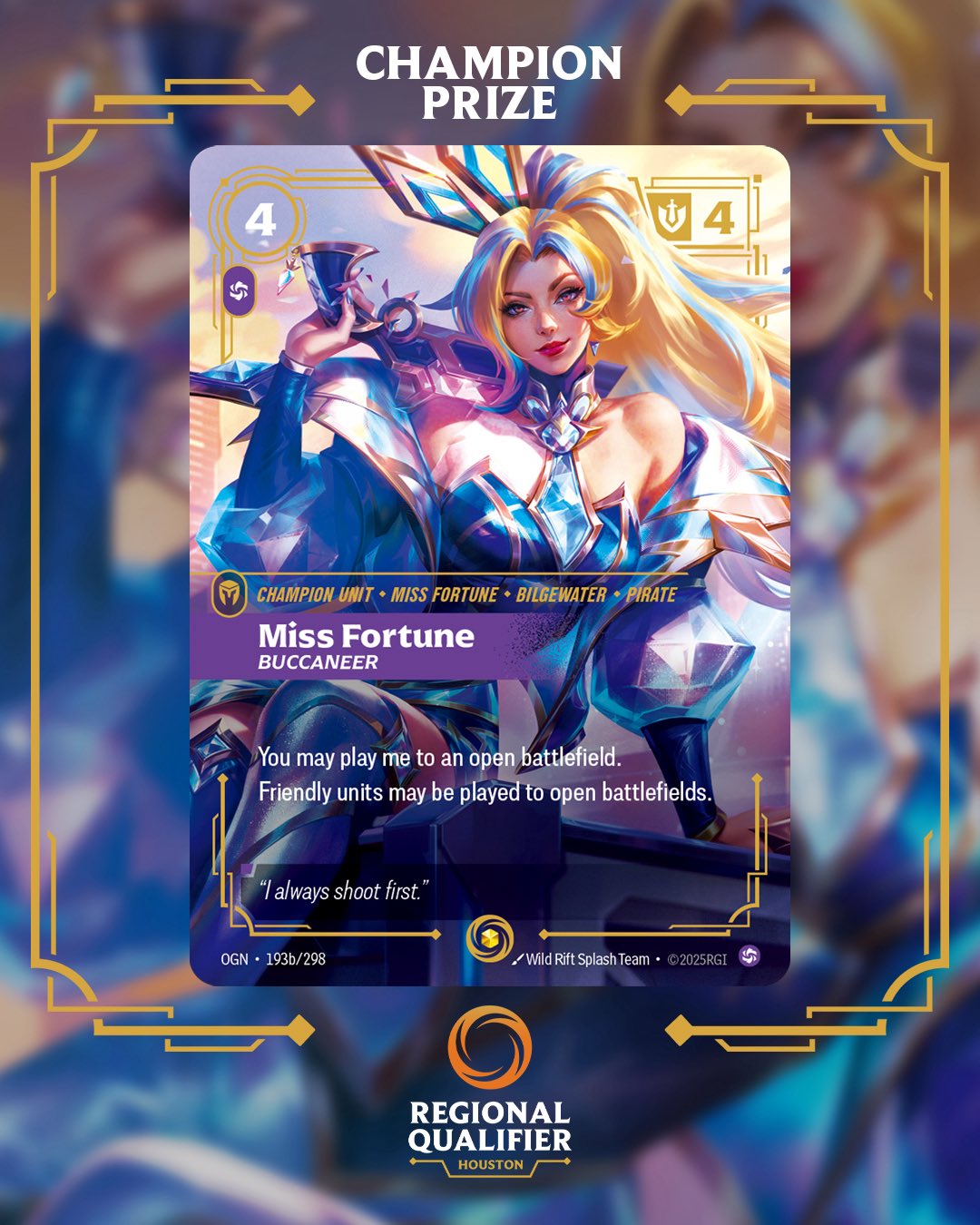 Champion Prize promo card Miss Fortune Buccaneer from Riftbound, the 1/1 award of the Houston Regional Qualifier