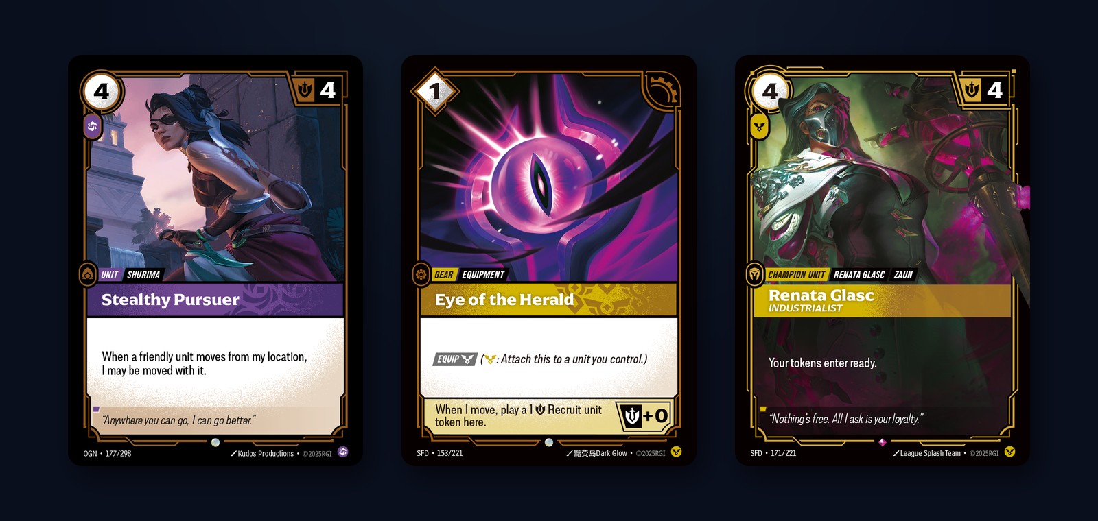 Le tre carte della combo infinita: Stealthy Pursuer, Eye of the Herald e Renata Glasc, Industrialist
