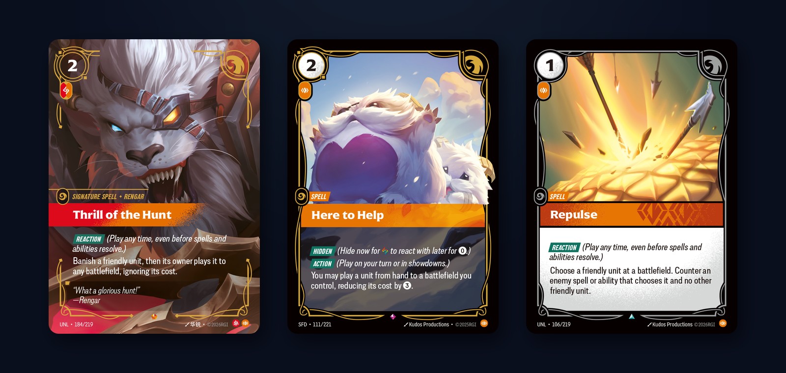 Le carte Thrill of the Hunt, Here to Help e Repulse di Riftbound