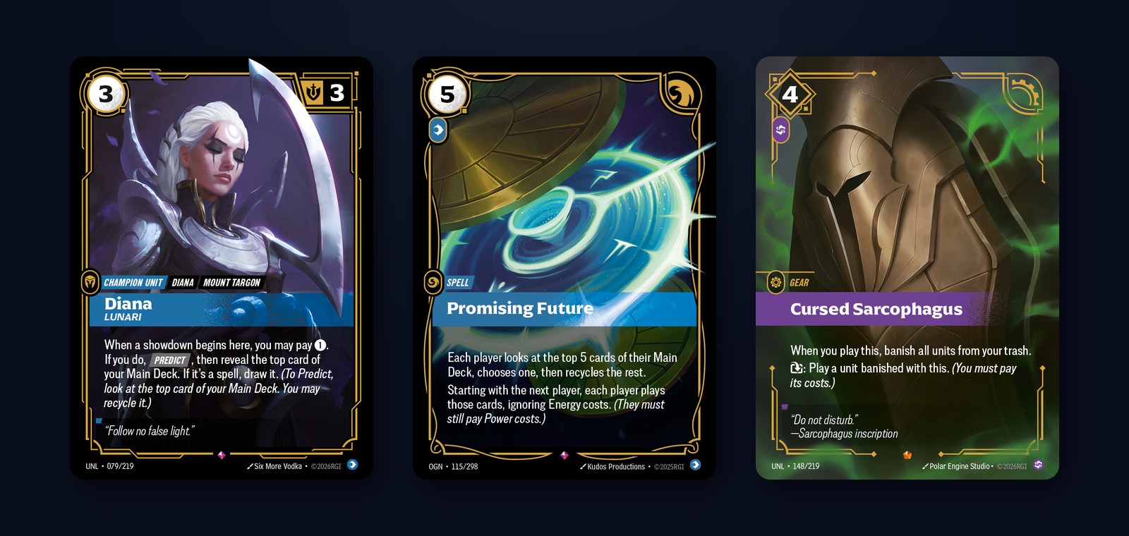 Le carte Diana Lunari, Promising Future e Cursed Sarcophagus di Riftbound