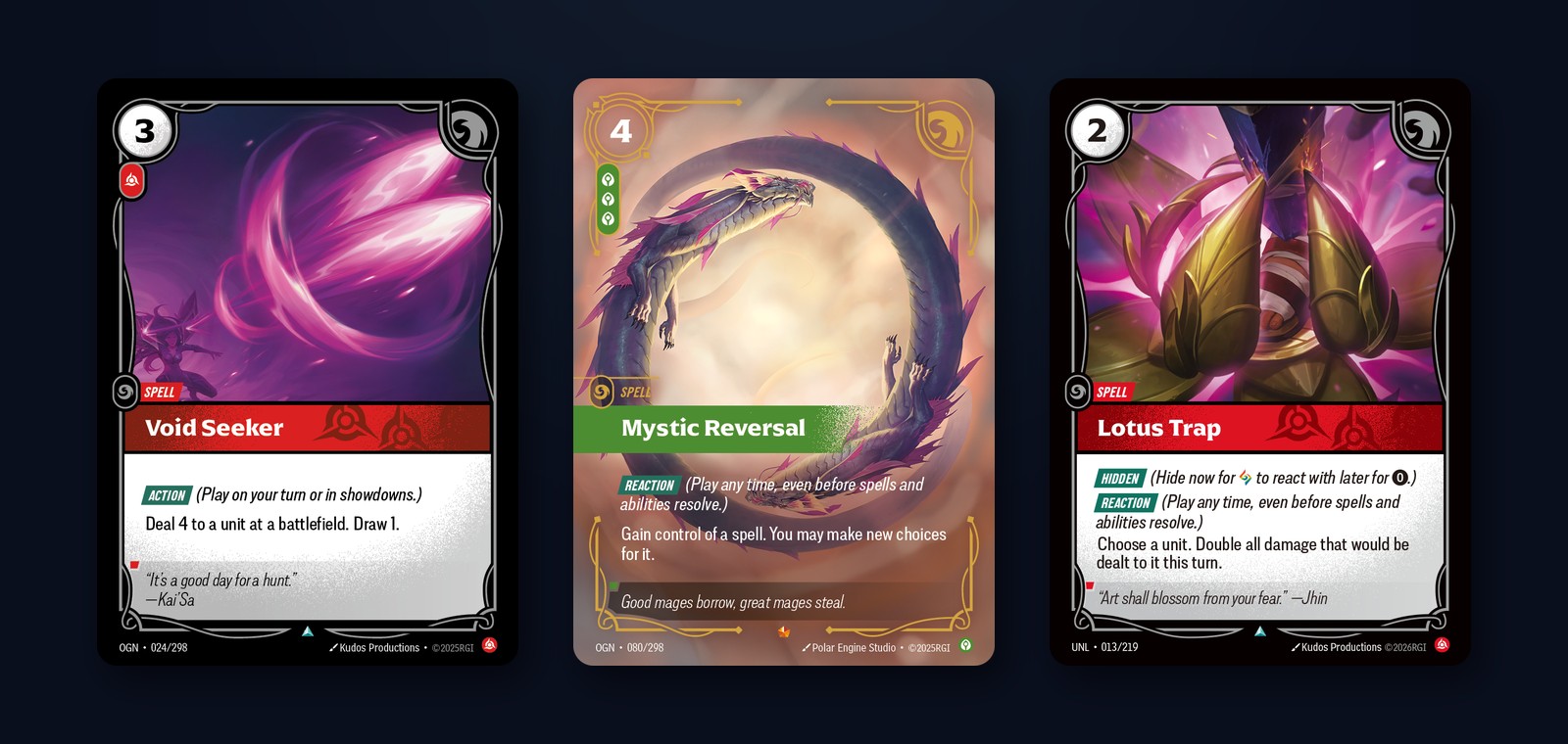 Le carte Void Seeker, Mystic Reversal e Lotus Trap di Riftbound