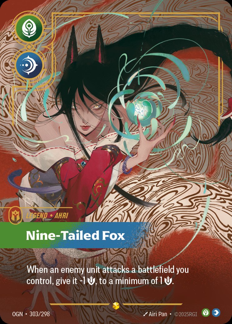 La carta overnumber Ahri, Nine-Tailed Fox (OGN 303/298) di Riftbound Origins, esclusiva del lancio cinese