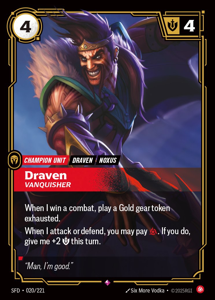 La carta Draven, Vanquisher (SFD 020/221) di Riftbound Spiritforged, aggiornata dall'errata