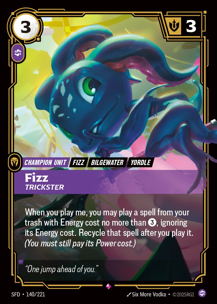 La carta Fizz, Trickster (SFD 140/221) di Riftbound Spiritforged, aggiornata dall'errata