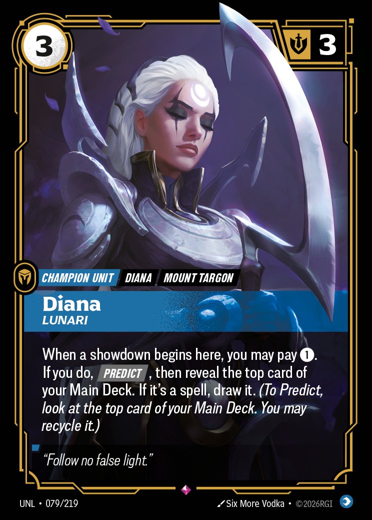 La carta Diana, Lunari (UNL 079/219) di Riftbound Unleashed, aggiornata dall'errata