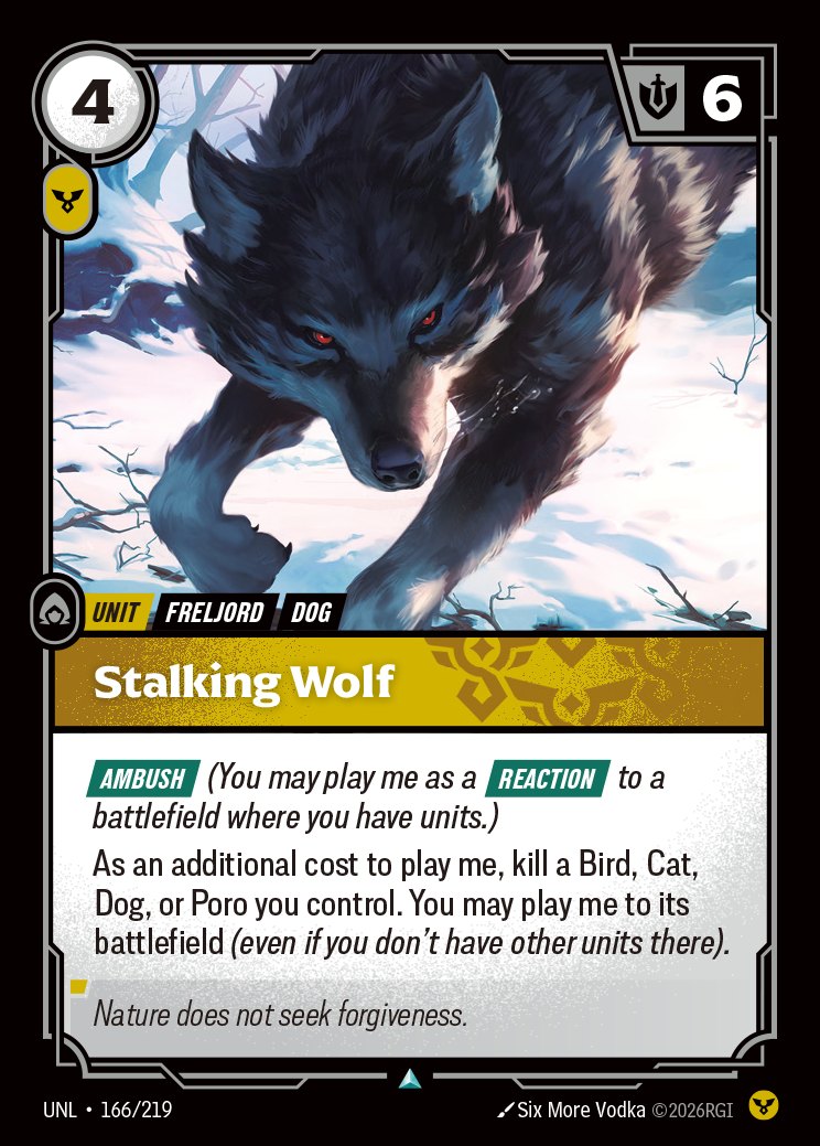 La carta Stalking Wolf (UNL 166/219) di Riftbound Unleashed, aggiornata dall'errata