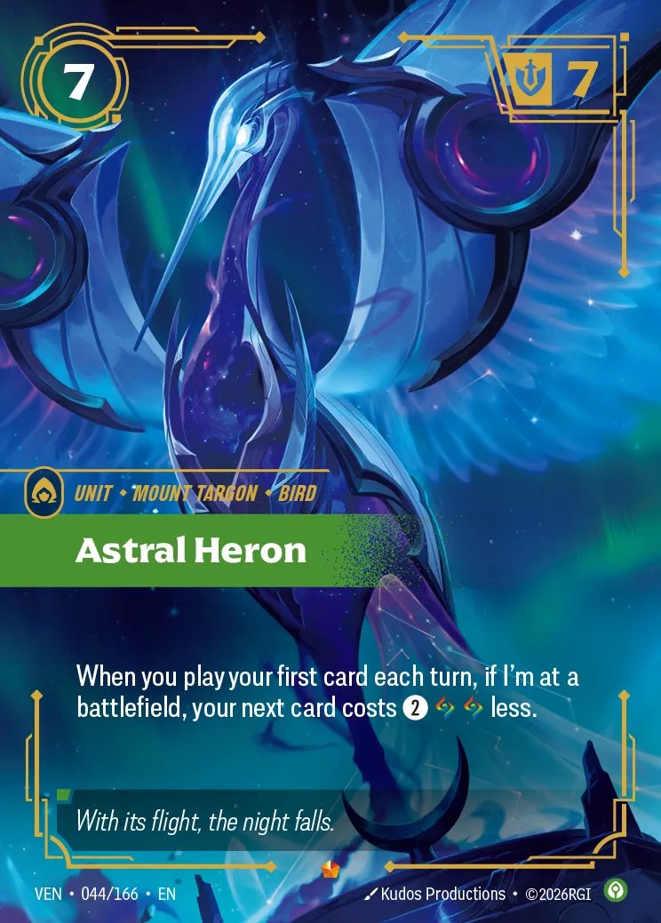 La carta Astral Heron (VEN 044/166) di Riftbound Vendetta, aggiornata dall'errata