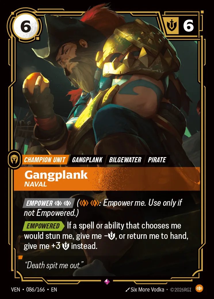 La carta Gangplank, Naval (VEN 086/166) di Riftbound Vendetta, aggiornata dall'errata