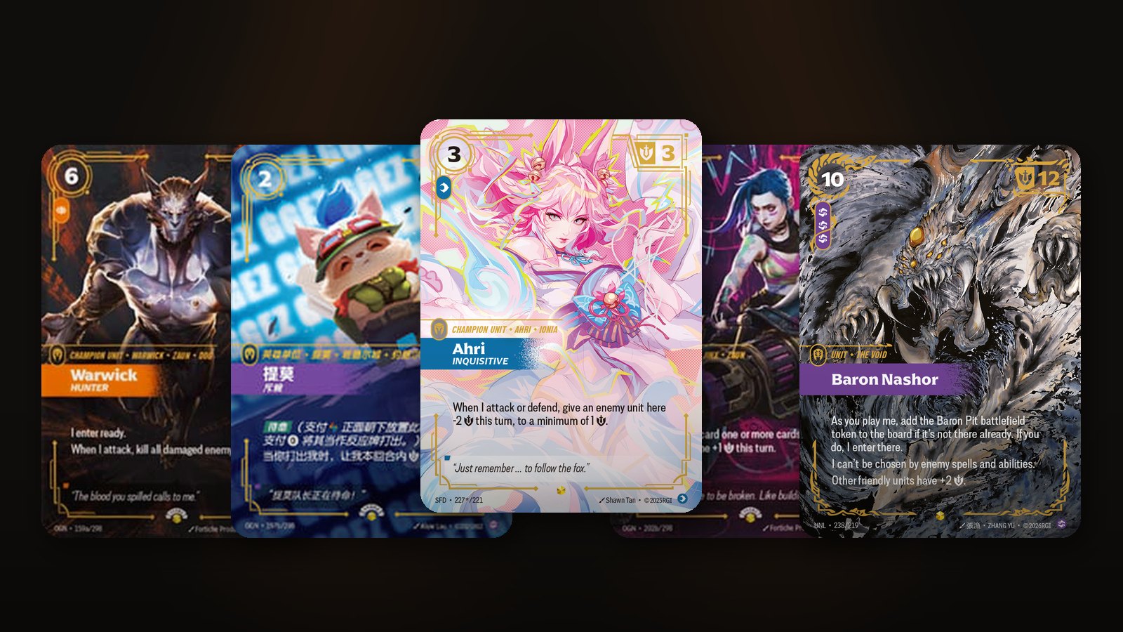 Le carte protagoniste del mercato Riftbound di agosto 2026: Warwick Hunter, Teemo Scout, Ahri Inquisitive Signature, Jinx Rebel e Baron Nashor Ultimate