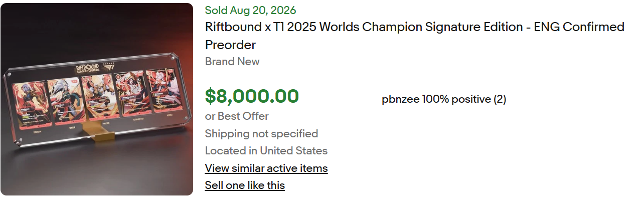 Inserzione eBay venduta il 20 agosto 2026: preordine confermato della T1 Signature Edition inglese a 8.000 dollari