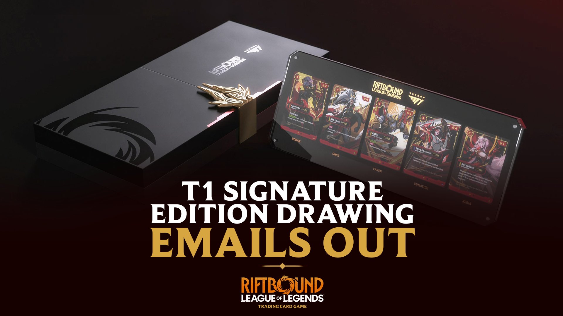 Grafica ufficiale Riot dell'annuncio: le email del drawing T1 Signature Edition sono state inviate