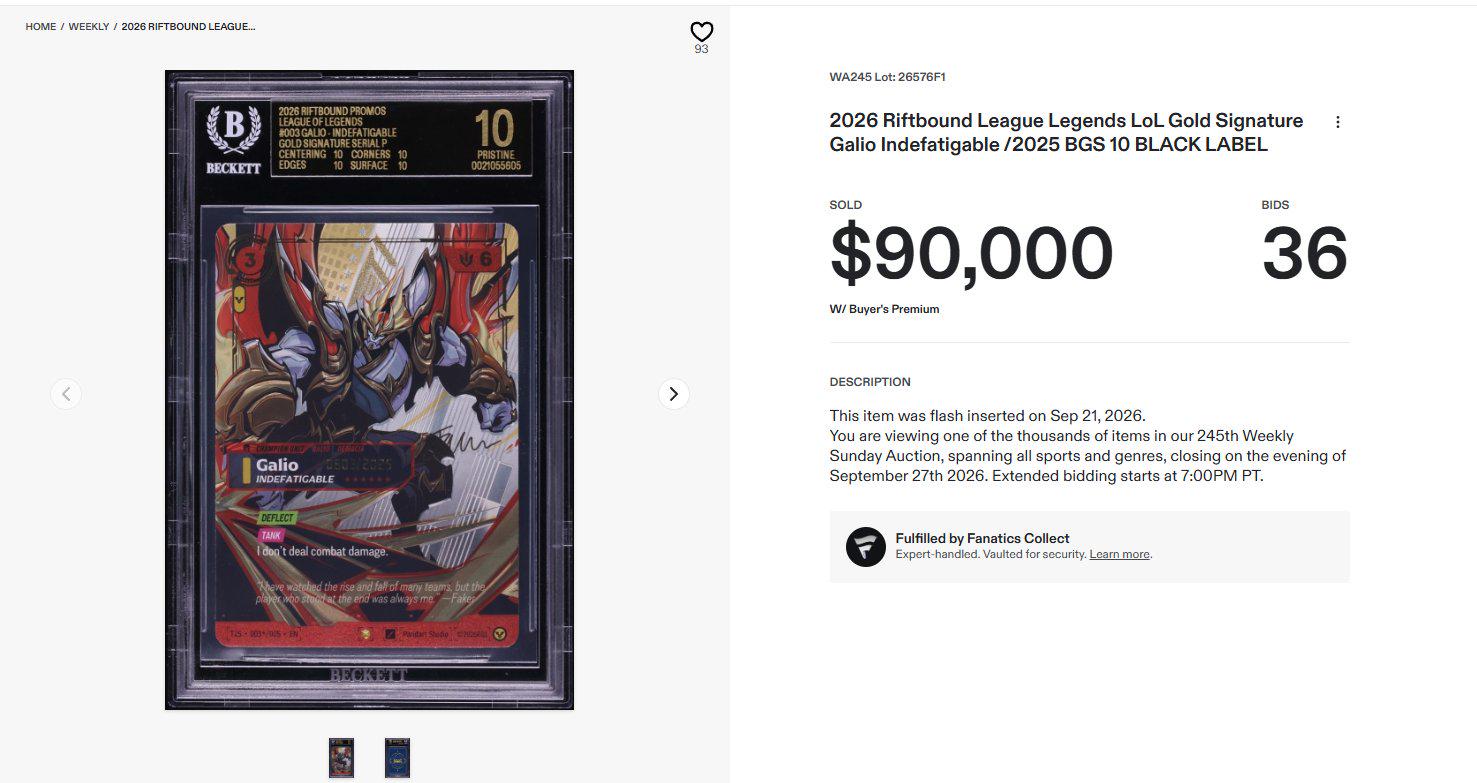 La Galio, Indefatigable di Faker in slab Beckett Black Label venduta a 90.000 dollari