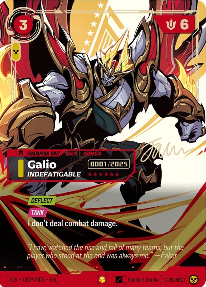 Galio, Indefatigable nella versione serializzata della T1 2025 Worlds Champion Signature Edition, con il numero di serie e la firma in oro di Faker