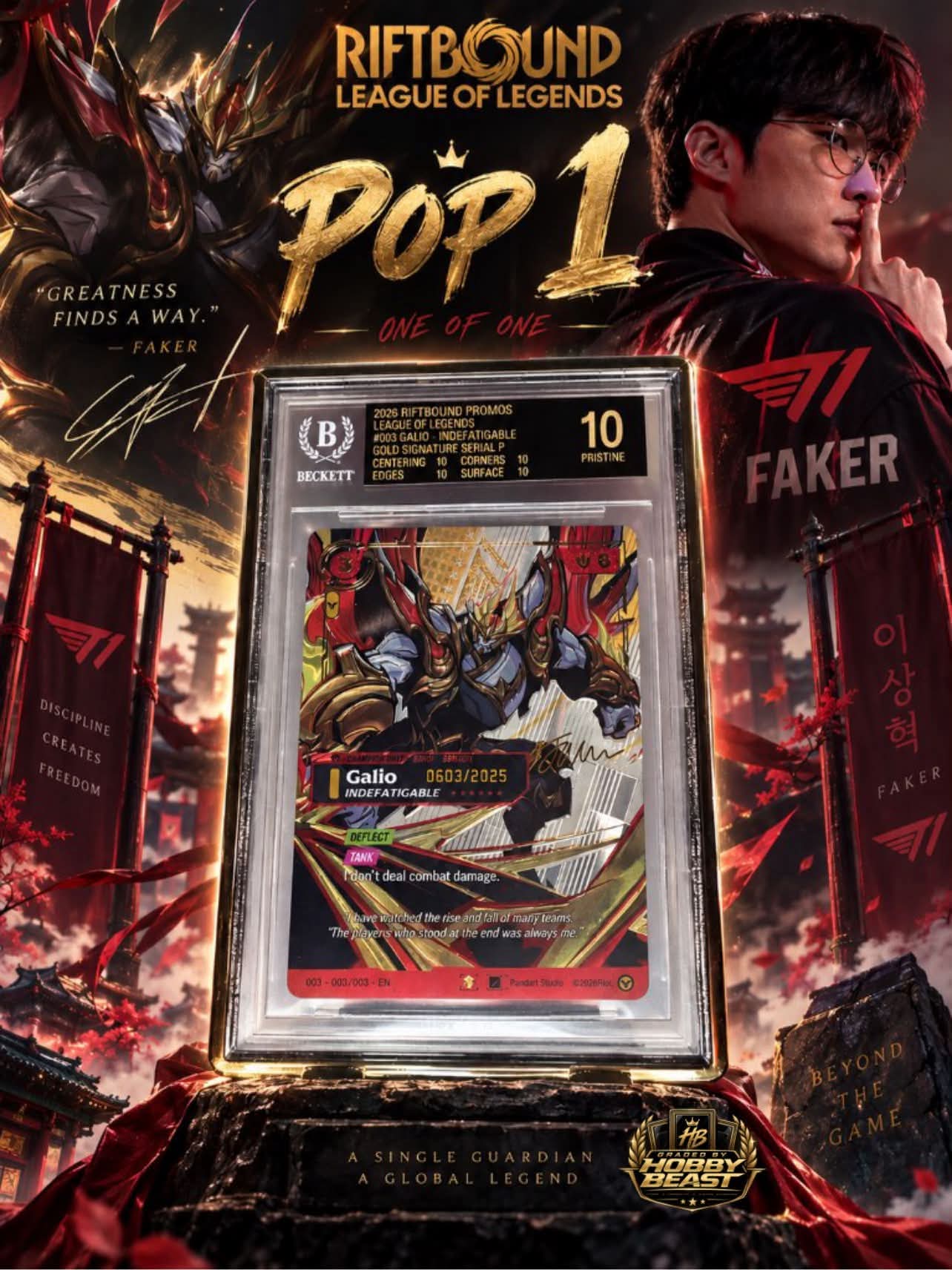 La locandina di Hobby Beast: lo slab Beckett 10 Pristine della Galio, Indefatigable di Faker serializzata 0603/2025, con Faker e i vessilli T1 sullo sfondo