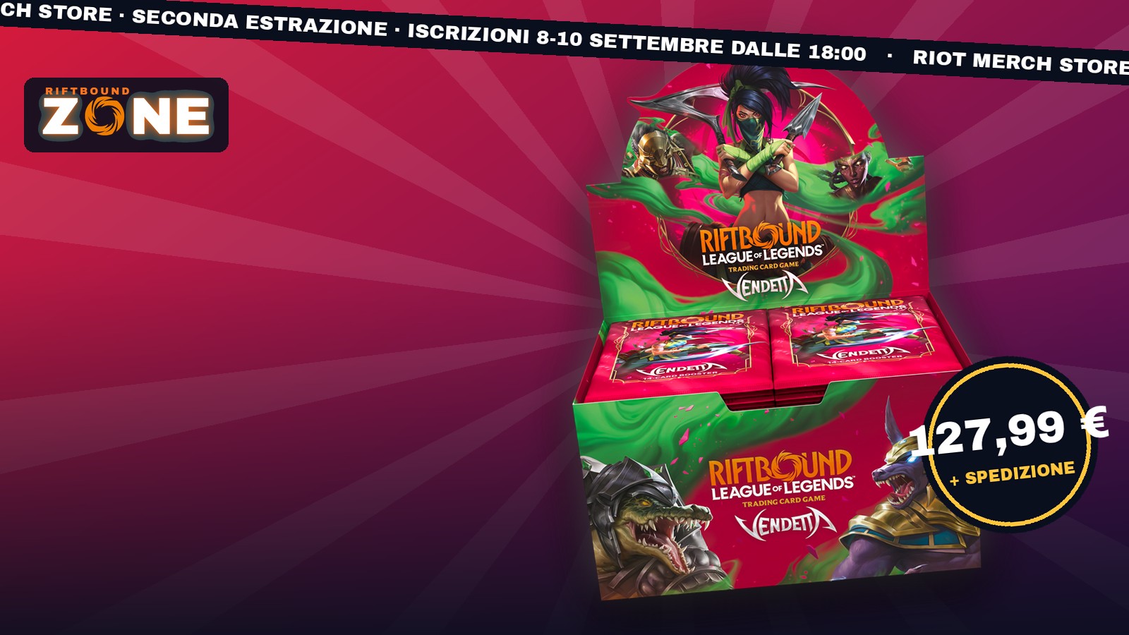 Il Vendetta Booster Display di Riftbound: 24 buste da 14 carte, in vendita a 127,99 euro tramite la seconda estrazione del Riot Merch Store