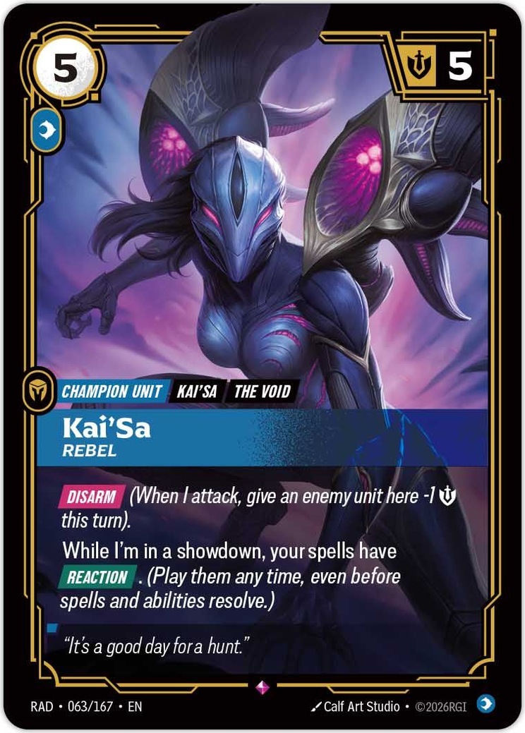 Kai'Sa, Rebel, la versione inglese della carta RAD 063/167 mostrata da Riot il 26 settembre