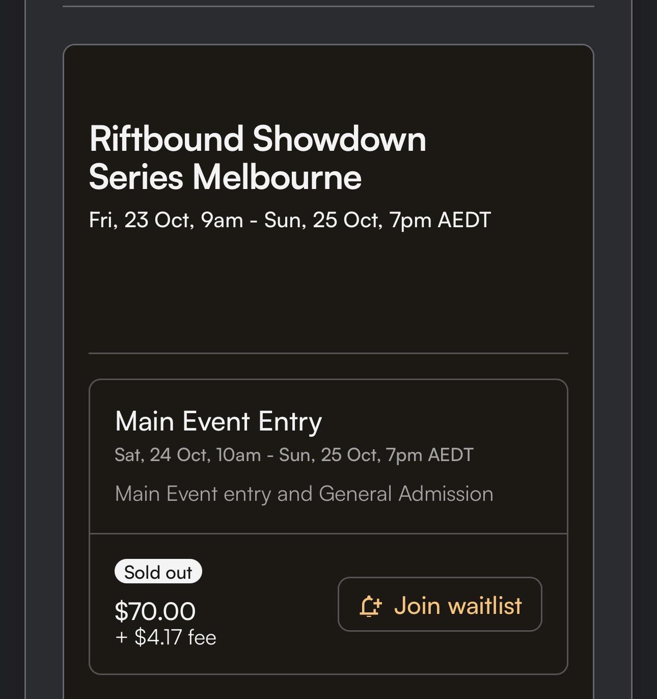 Schermata della vendita dei biglietti dello Showdown Series di Melbourne, main event esaurito