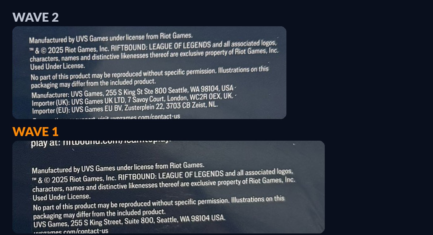Blocco del produttore sul retro del box Origins: la ristampa elenca importatori UK ed EU, la prima wave ha solo l&rsquo;indirizzo di Seattle