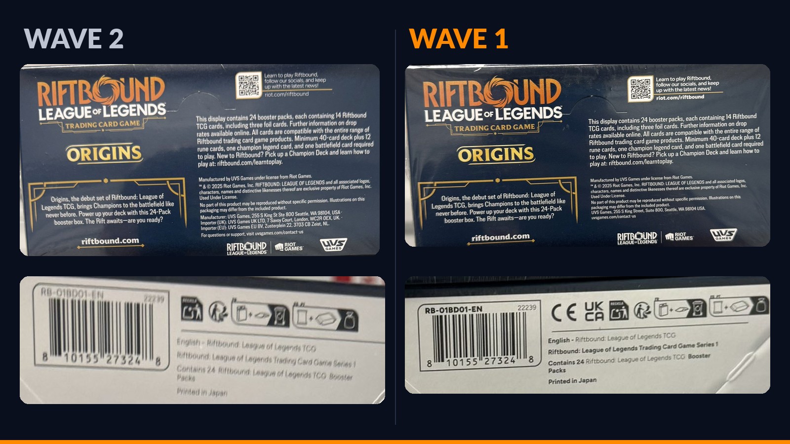 Box Riftbound Origins a confronto: wave 2 a sinistra, wave 1 a destra, retro e fondo