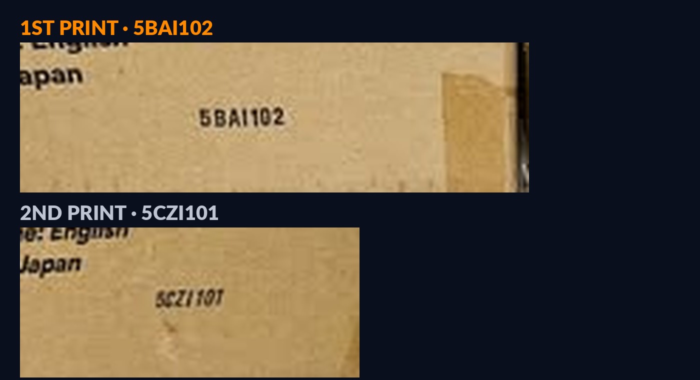Zoom sui codici di lotto dei due cartoni: 5BAI102 sulla prima stampa, 5CZI101 sulla seconda