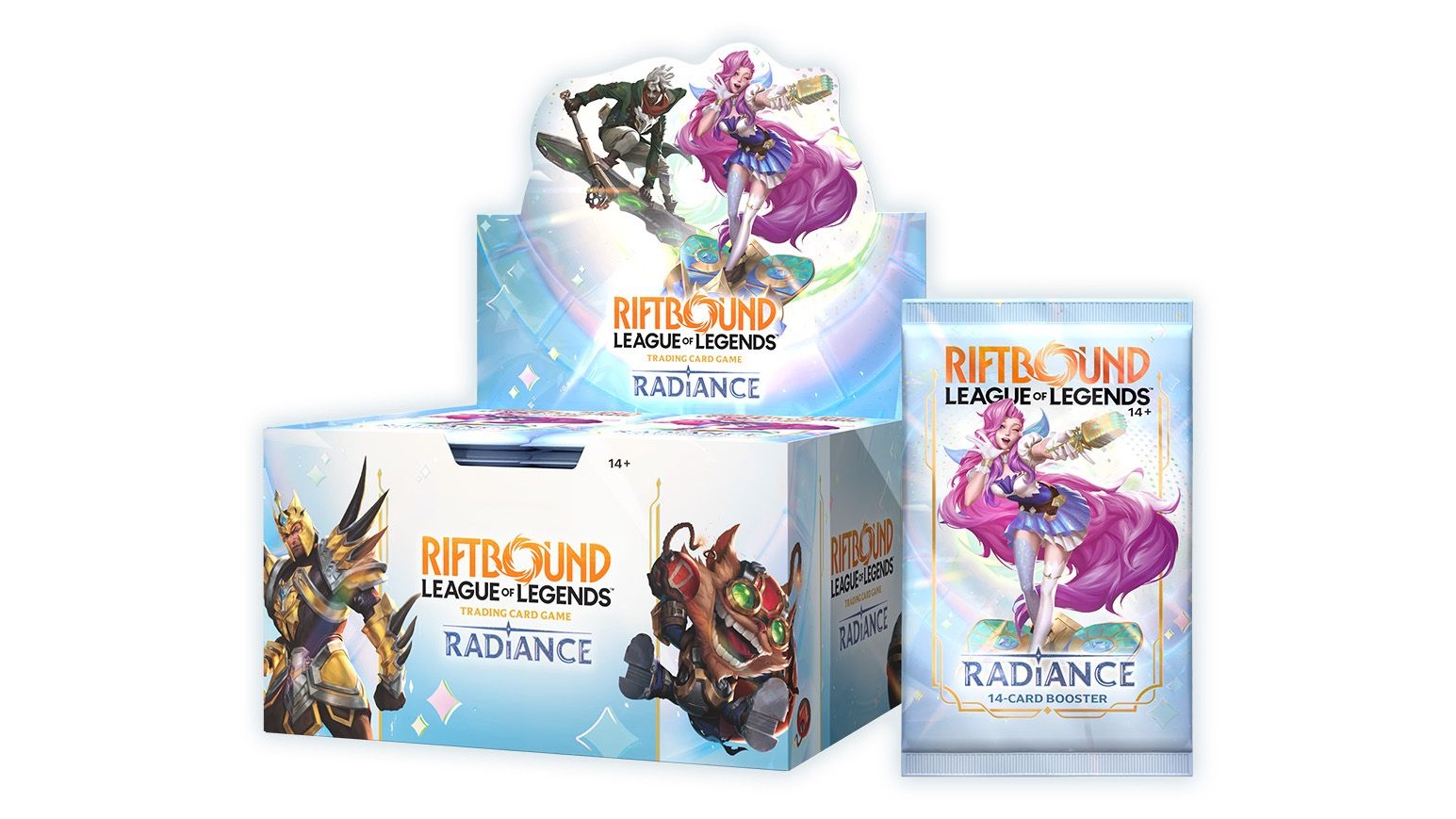 Booster Display e busta di Riftbound Radiance, i prodotti dell'estrazione Riot