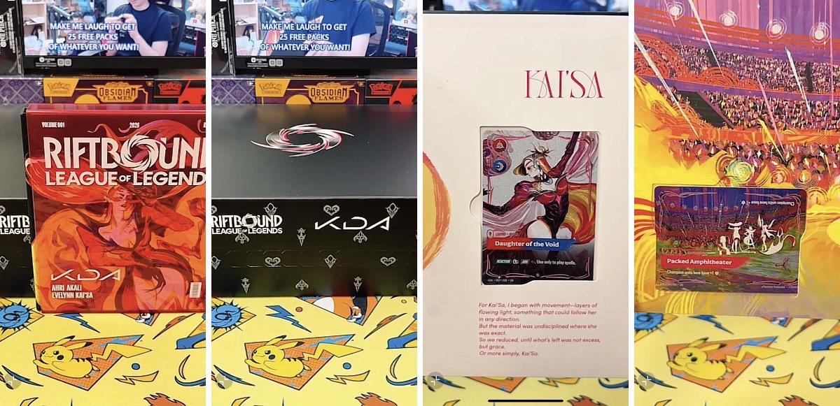The leaked Riftbound × K/DA Volume 001 box: the red front with Ahri, the black box and two pages of the booklet