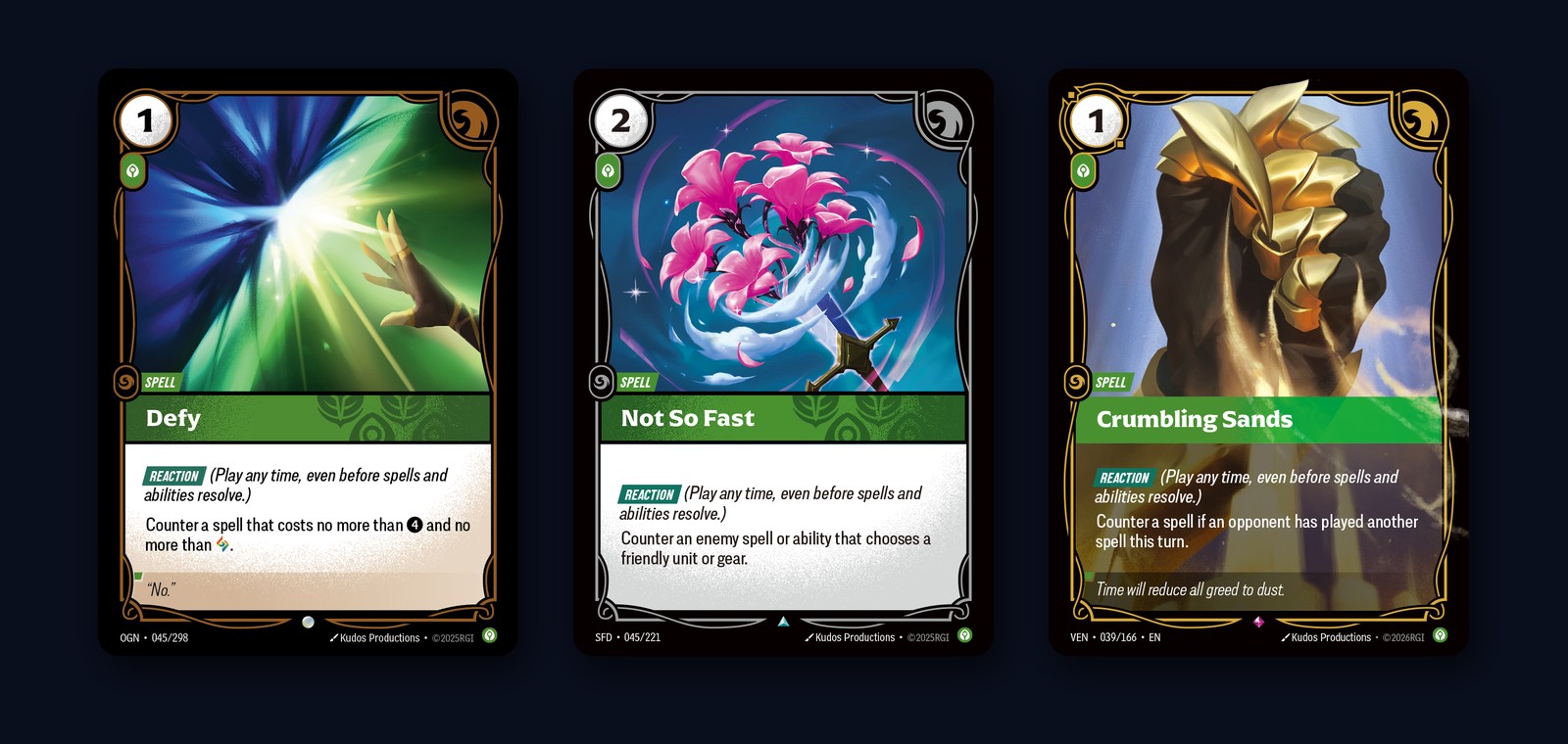 Three Calm counters in Riftbound: Defy, Not So Fast and Crumbling Sands
