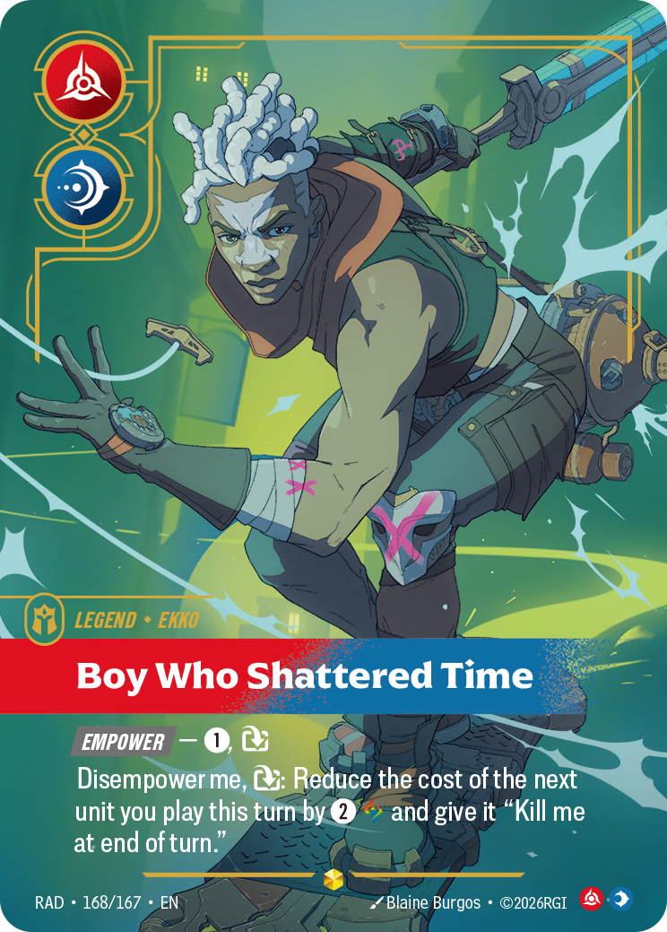 Ekko, Boy Who Shattered Time, the Riftbound Radiance Legend in its Showcase print