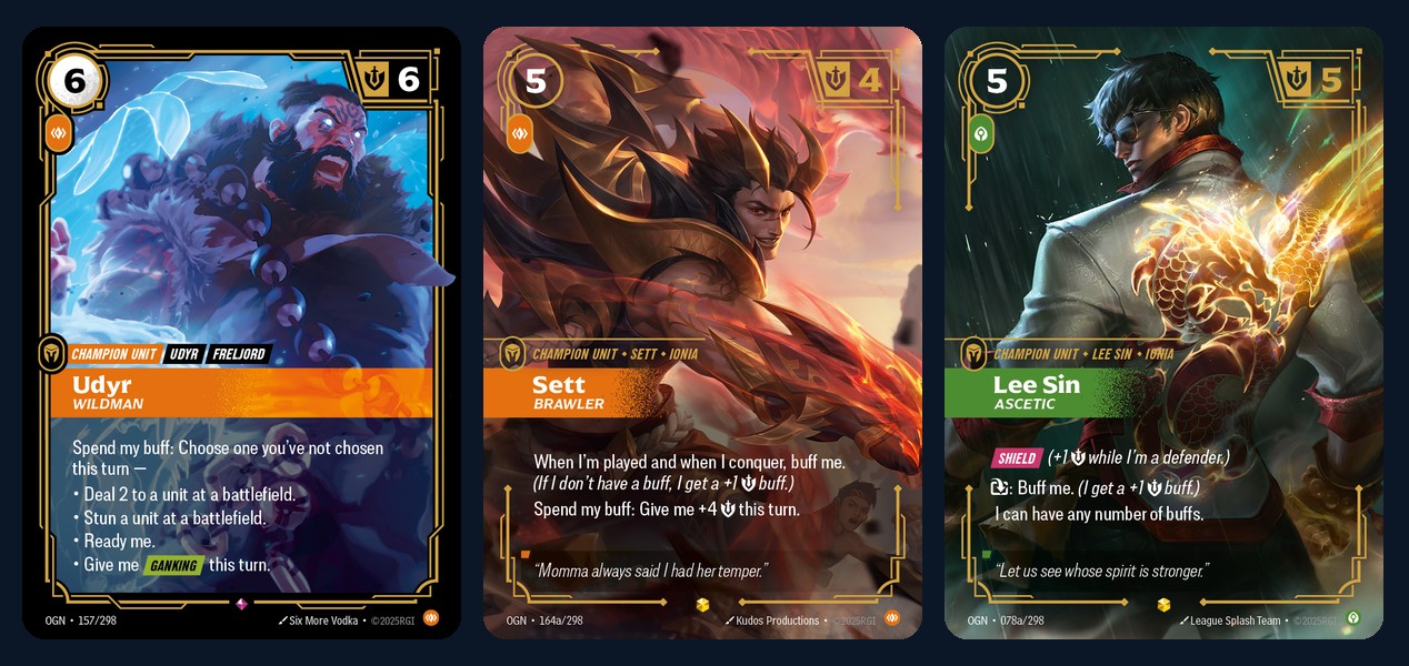 Udyr, Wildman; Sett, Brawler; Lee Sin, Ascetic