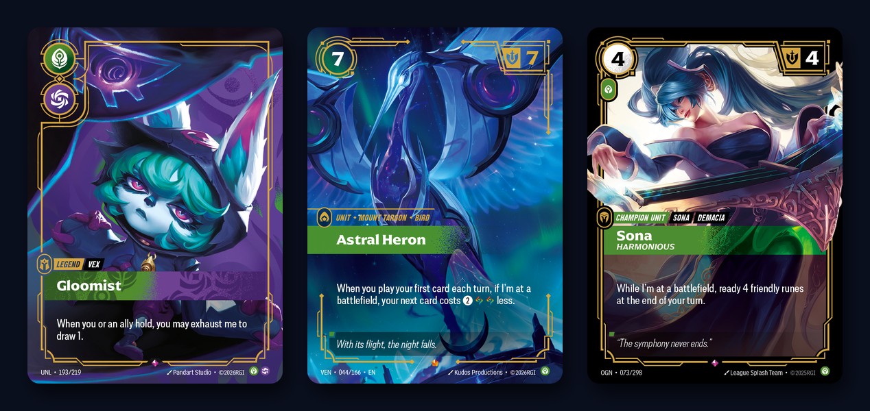 Vex, Gloomist; Astral Heron; Sona, Harmonious