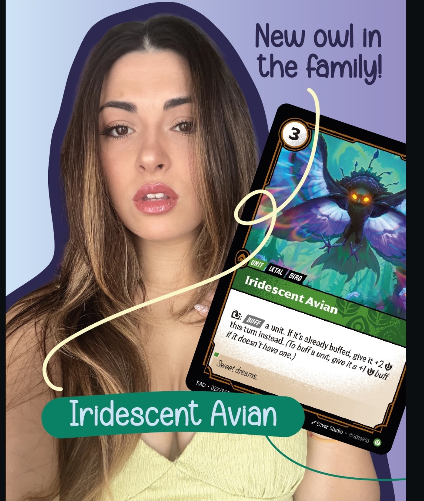 Giorgia Falci holding the Iridescent Avian card in her Instagram post