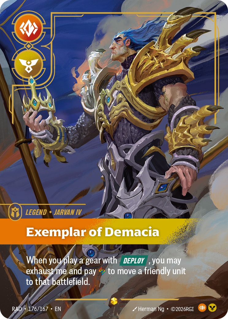 Jarvan IV, Exemplar of Demacia, the Riftbound Radiance Legend in its Showcase print