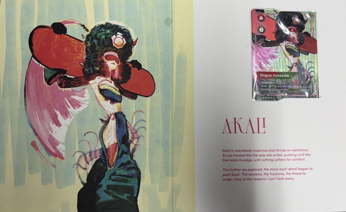 Akali page in the leaked Riftbound K/DA Volume 001 box, with the Rogue Assassin Legend in alt art