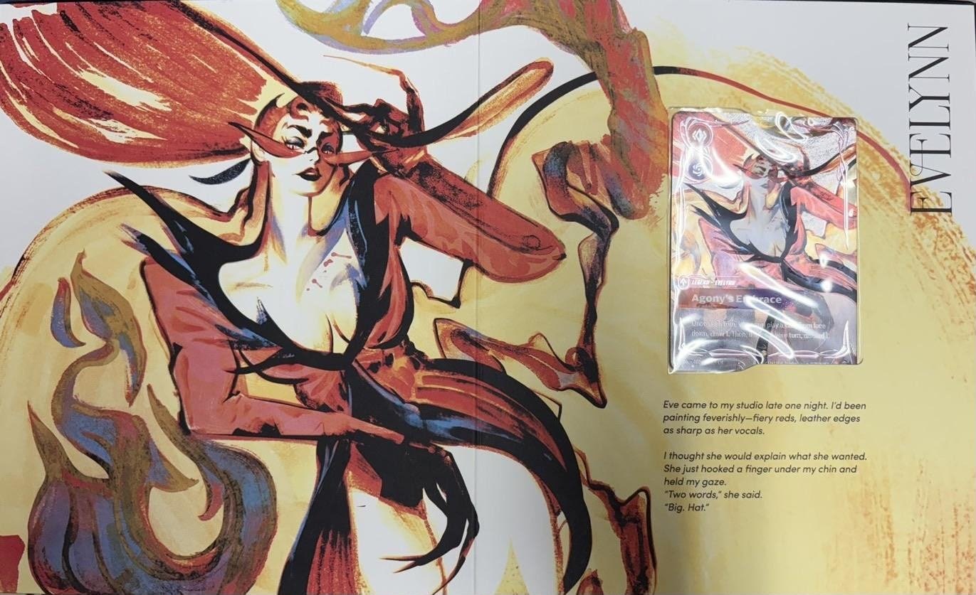 Evelynn page in the leaked Riftbound K/DA Volume 001 box, with the Agony's Embrace Legend in alt art