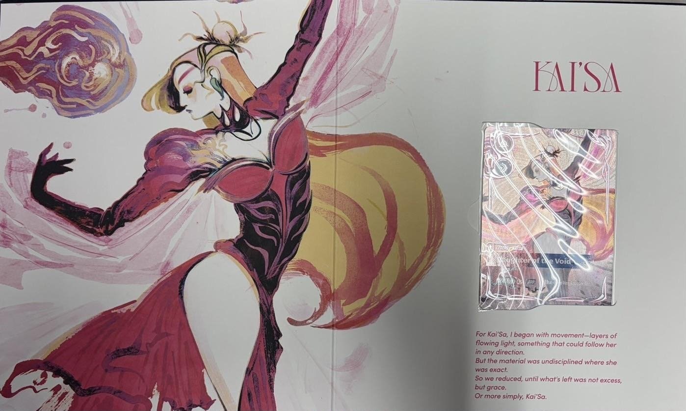 Kai'Sa page in the leaked Riftbound K/DA Volume 001 box, with the Daughter of the Void Legend in alt art
