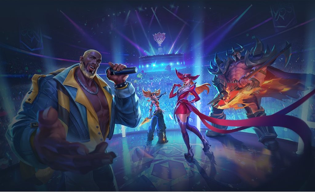 League of Legends ARAM Mayhem background showing the new K/DA Evelynn with a red hat