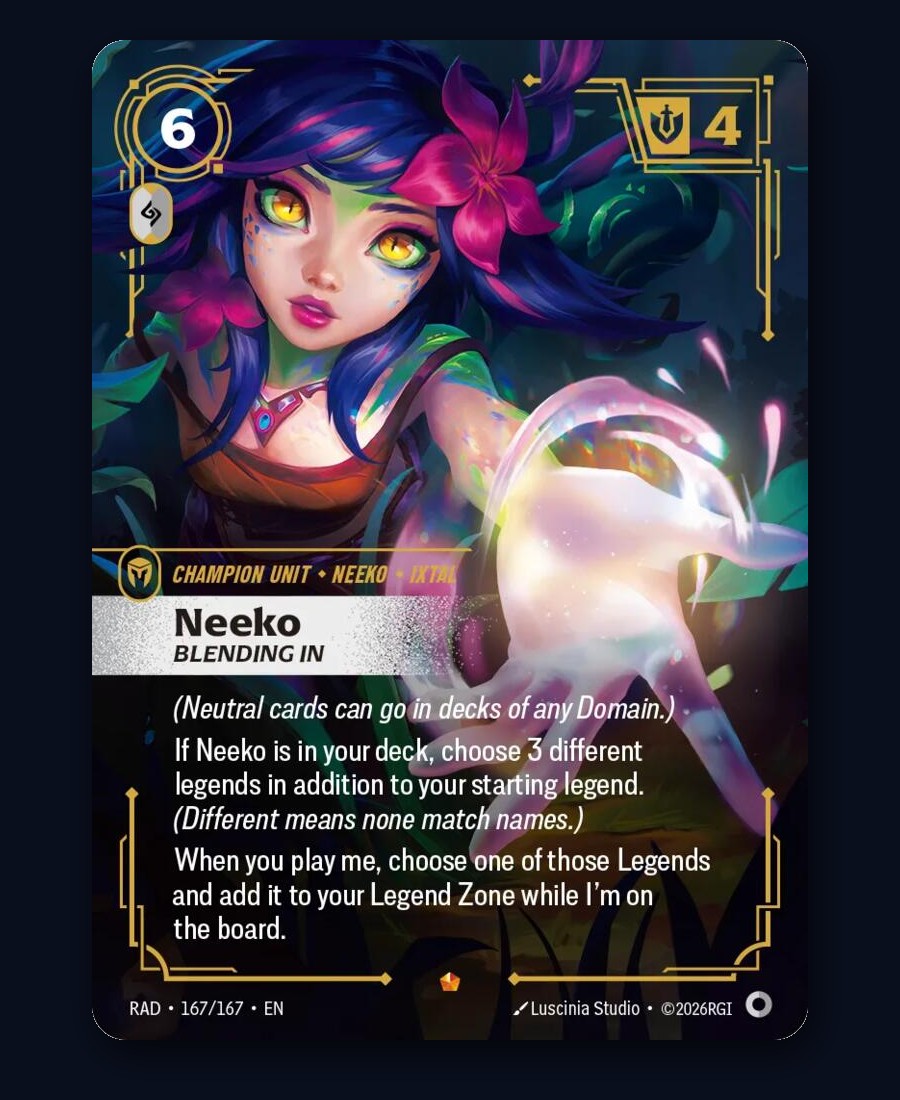 Neeko, Blending In: neutral Champion Unit from Riftbound Radiance, 6 Energy and 4 Might, card 167/167