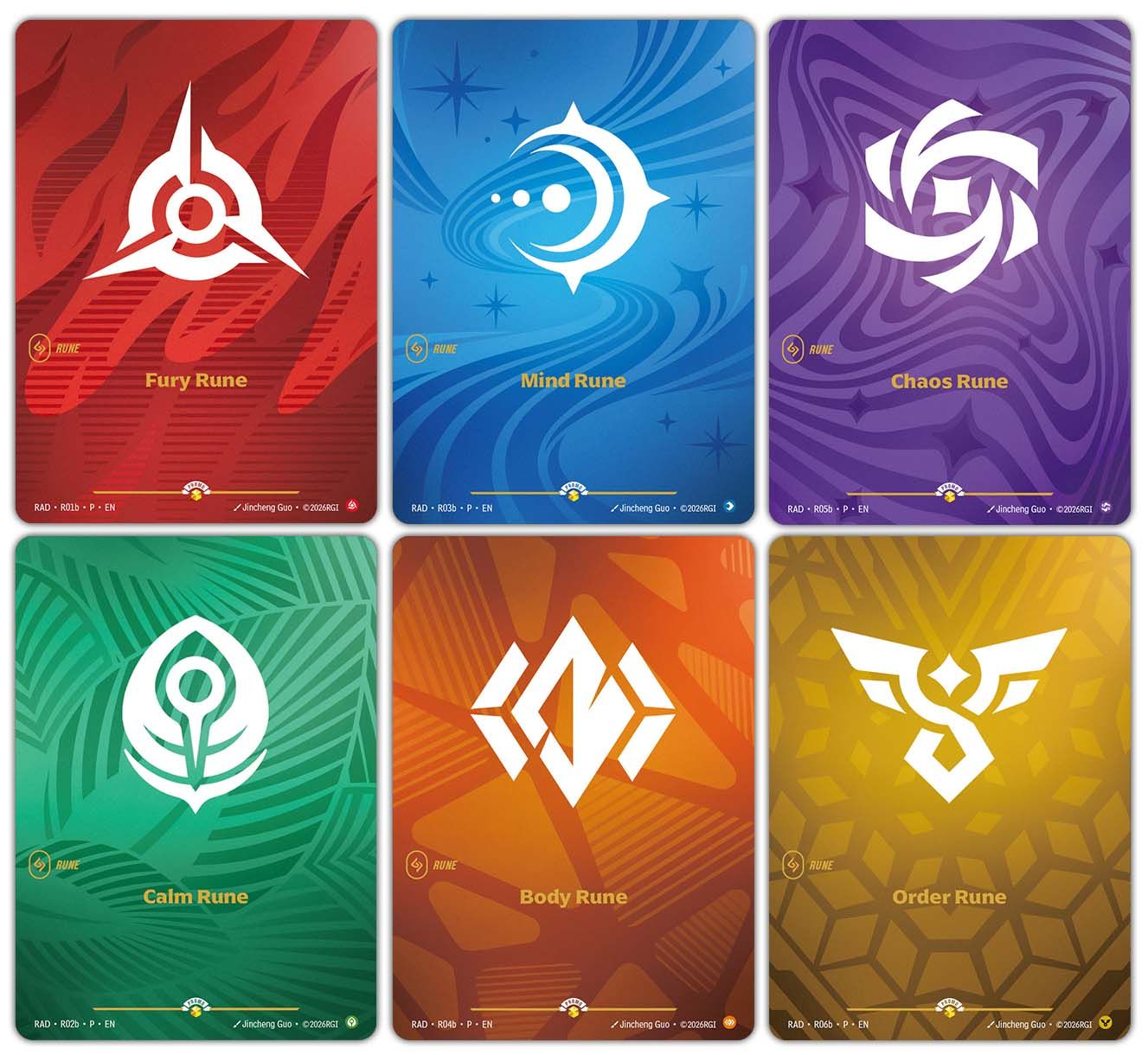 Le sei rune promo di Radiance: Fury, Calm, Mind, Body, Chaos e Order
