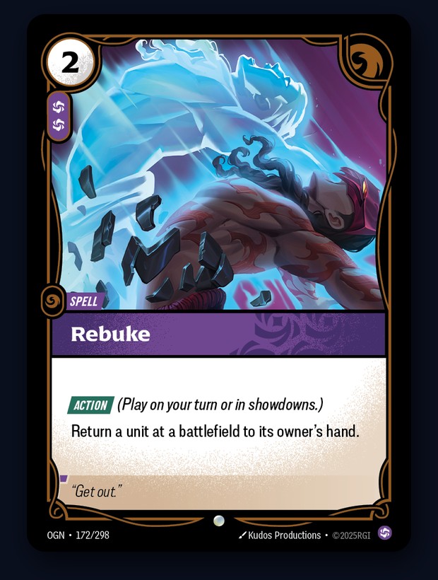Rebuke, 2 Energy Chaos Spell in Riftbound: return a unit at a battlefield to hand
