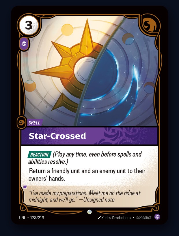 Star-Crossed, 3 Energy Chaos Spell in Riftbound: return a friendly unit and an enemy unit to hand