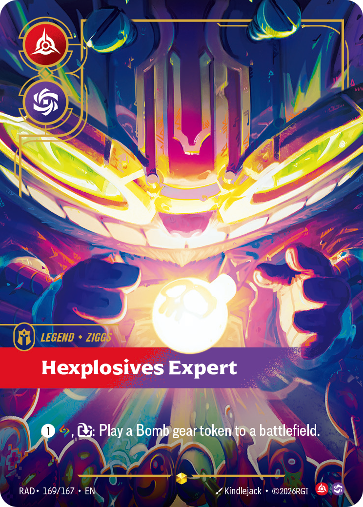 Ziggs, Hexplosives Expert, the Riftbound Radiance Legend in its Showcase print
