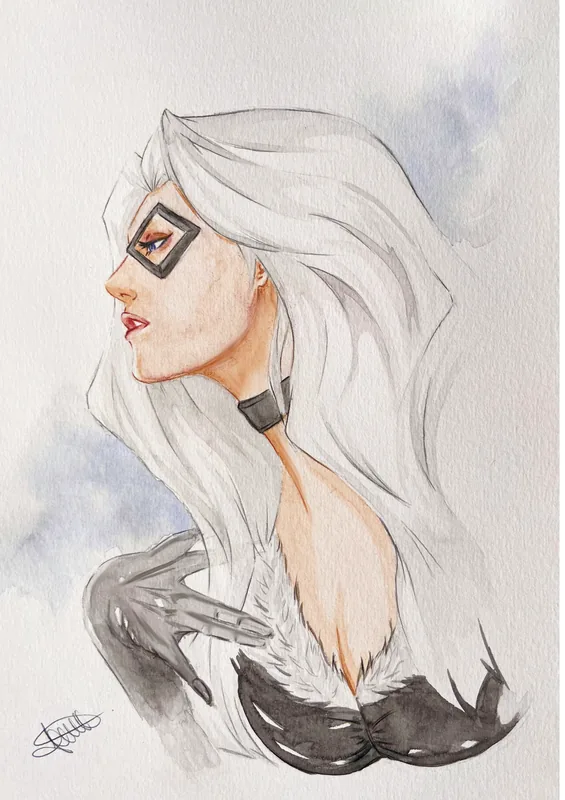Black Cat della Marvel di profilo, acquerello di Gabriele_artx