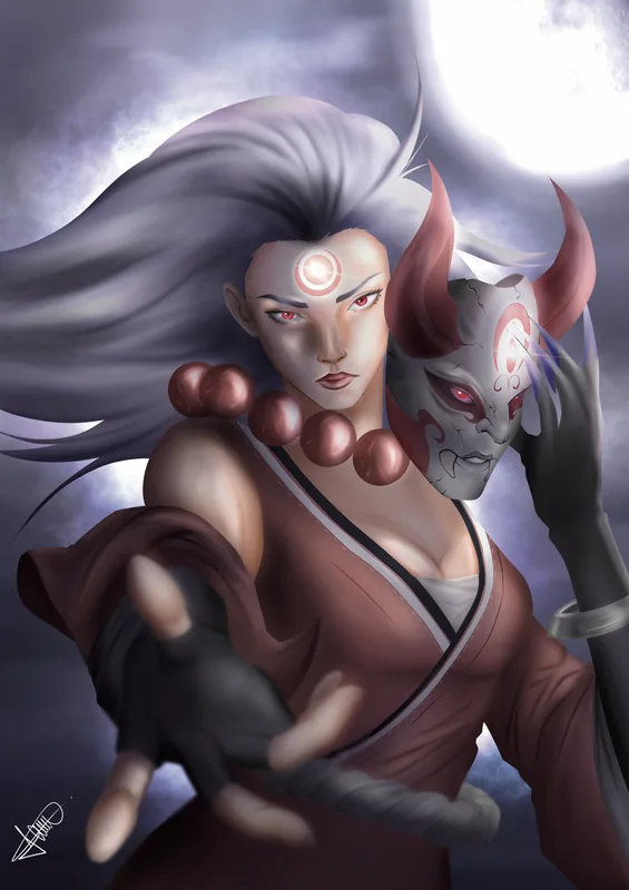 Diana di League of Legends nella skin Luna di Sangue, con la maschera da volpe sotto la luna piena, illustrazione digitale di Gabriele_artx