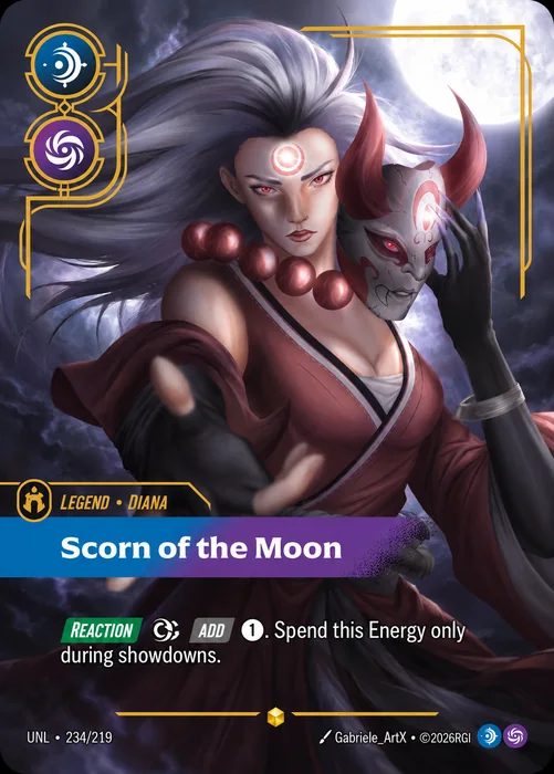La carta Diana, Scorn of the Moon rifatta da Gabriele_artx con la sua illustrazione di Diana Luna di Sangue