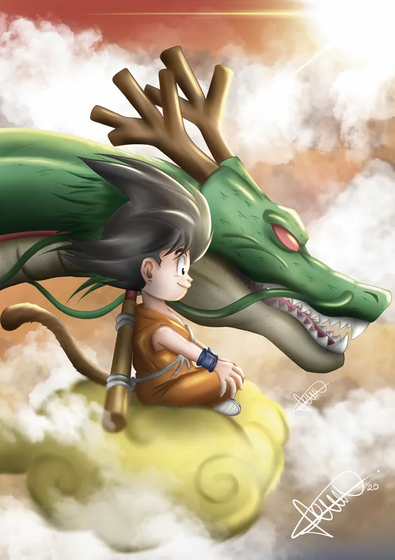 Goku bambino sulla Nuvola Speed accanto al drago Shenron, illustrazione digitale di Gabriele_artx