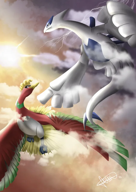 Lugia e Ho-Oh dei Pokémon in volo fra le nuvole, illustrazione digitale di Gabriele_artx