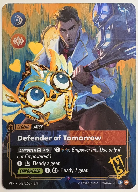 La carta Jayce, Defender of Tomorrow con un poro dipinto a mano da Rekla in primo piano, fra i cuori