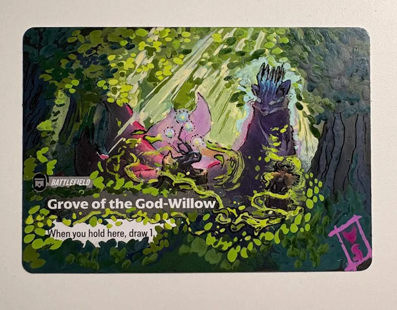 Il battlefield Grove of the God-Willow ridipinto a mano da Rekla, verde e rosa